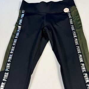 Victoria's Secret PINK M‎ Cozy Legging Black Olive Green Metallic Logo Pocket